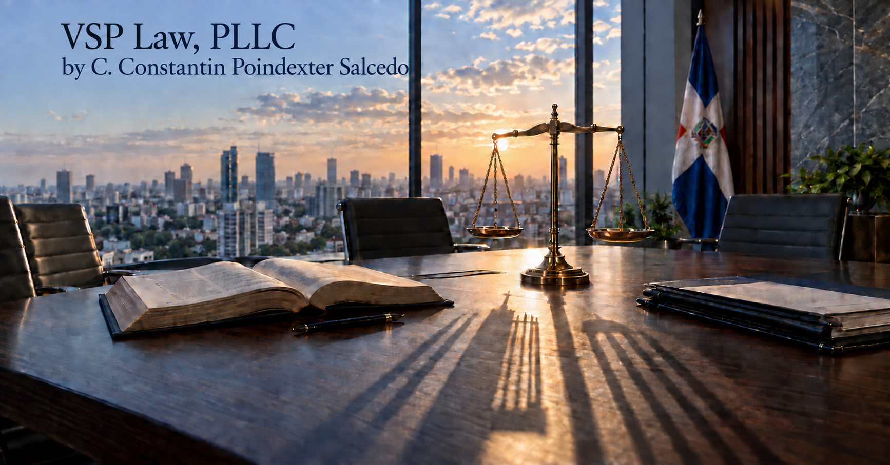Scales of justice, an open Dominican Penal Code and a Dominican flag on a boardroom table overlooking Santo Domingo, illustrating Dominican corporate criminal liability under Ley 74-25, by C. Constantin Poindexter Salcedo of VSP Law, PLLC.